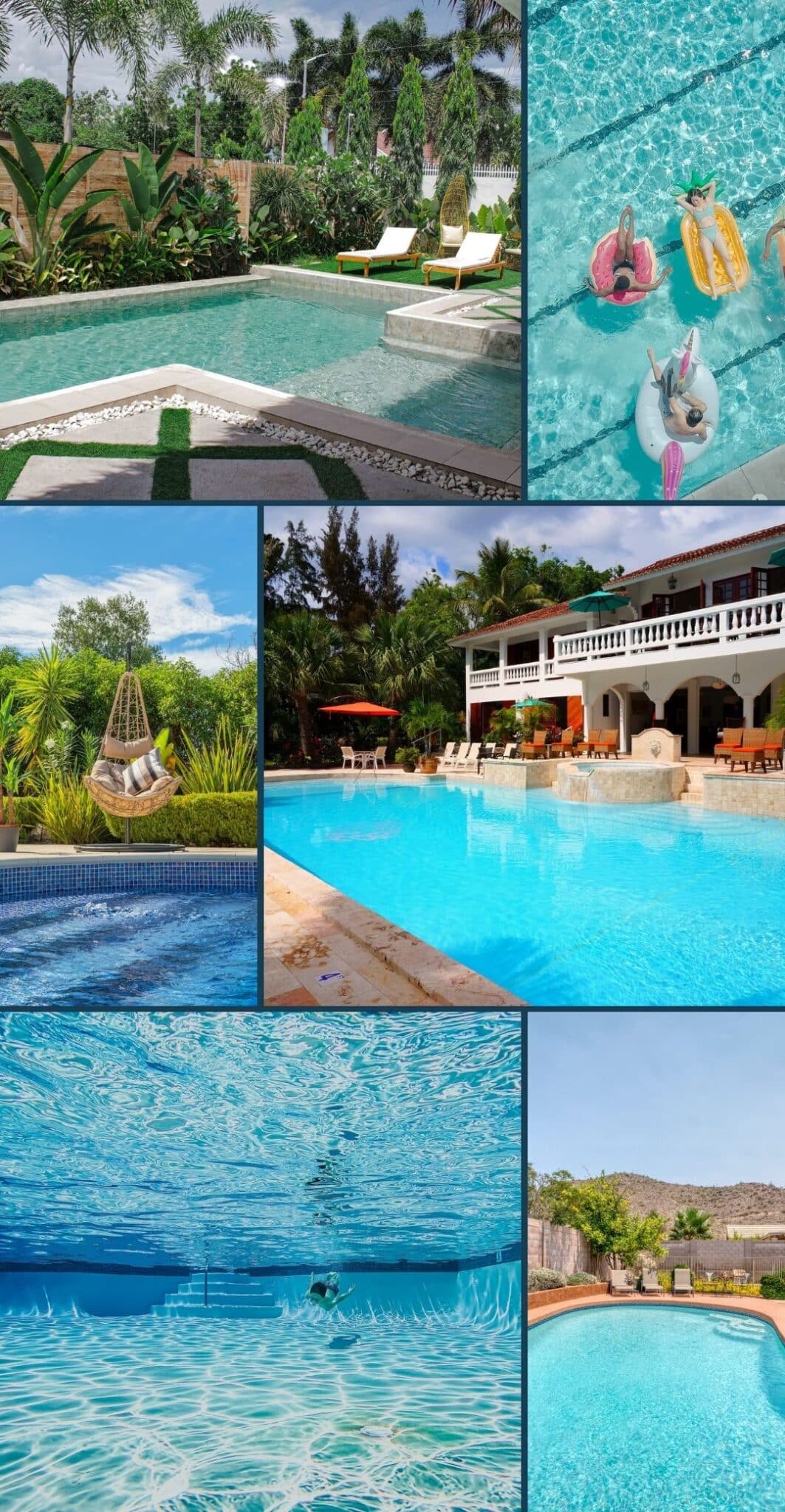 a collage of pool images